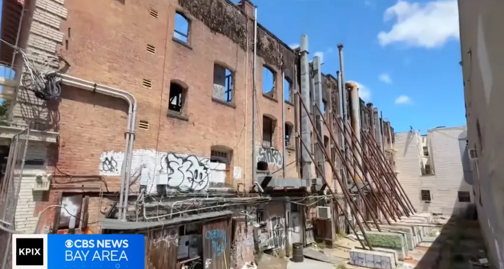 Exterior of the ruined Verdi building in San Francisco.