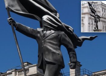 Banksy confirms new statue in London of man blinded by a flag is his work