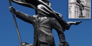 Banksy confirms new statue in London of man blinded by a flag is his work
