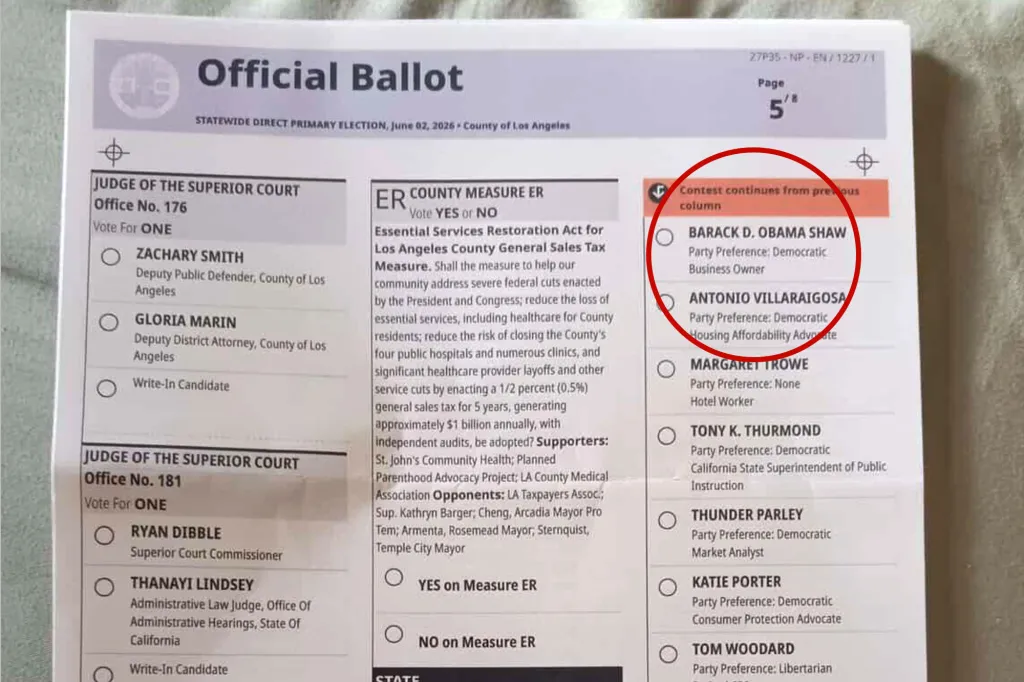 An official ballot for Los Angeles County with 