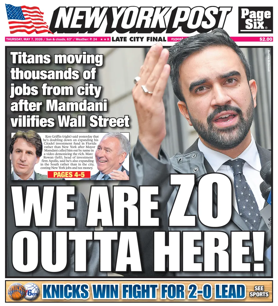 New York Post front page featuring an image of Zohran Mamdani, with headlines 