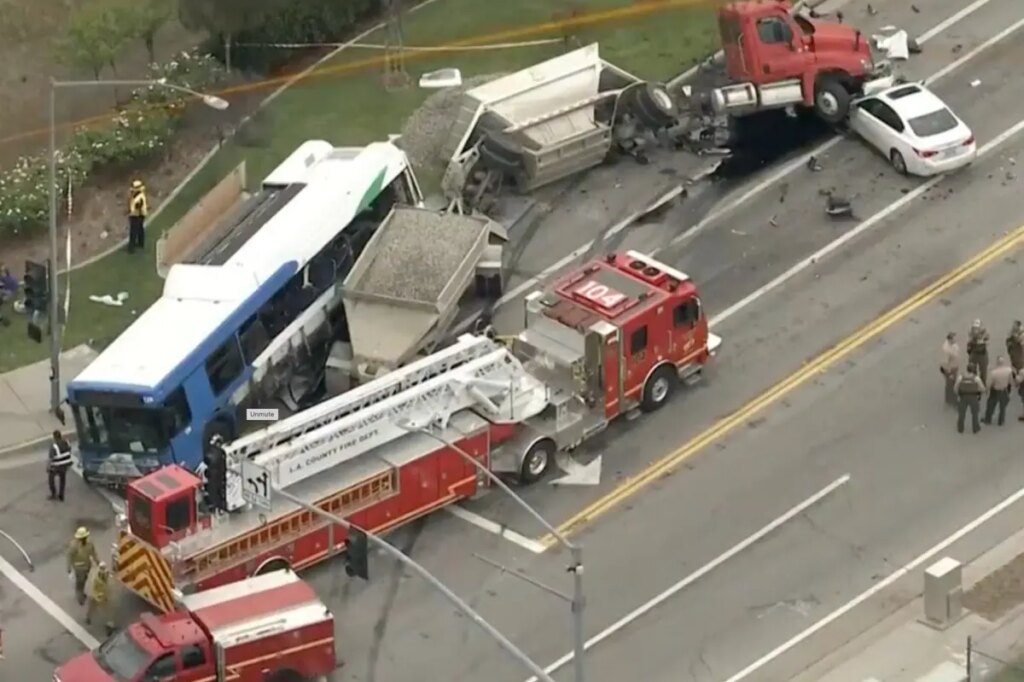 Bus, semitruck and car collide in Santa Clarita, leaving 13 injured