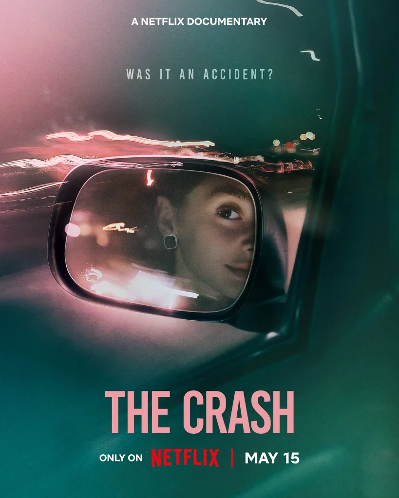 The Crash Netflix documentary poster showing a face reflected in a car side mirror at night with streaks of light in the background.