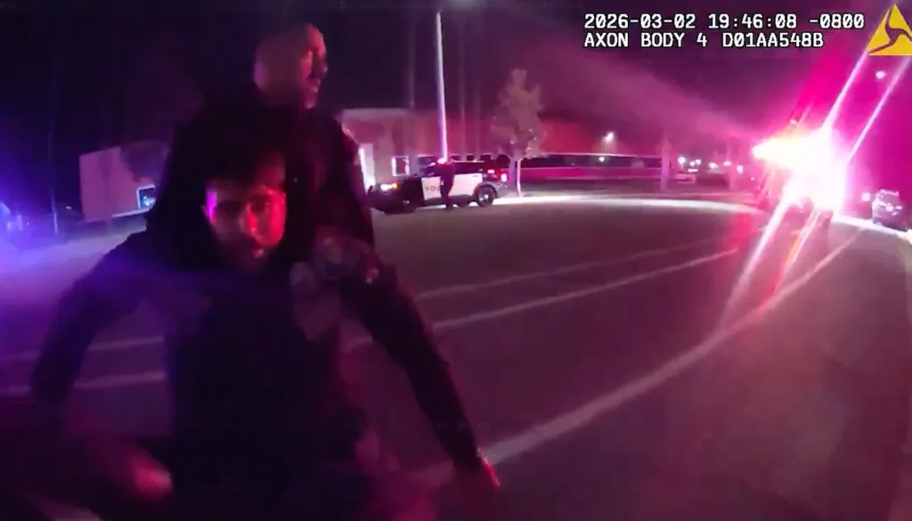 Police officer detaining a man at night, with patrol cars in the background.