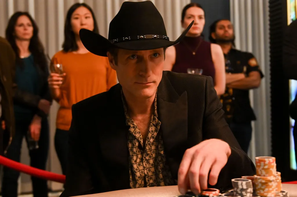 A man in a black cowboy hat and patterned shirt plays poker, with people standing in the background.