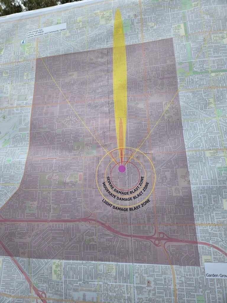 Map showing damage blast zones from a potential explosion in Cypress, CA.