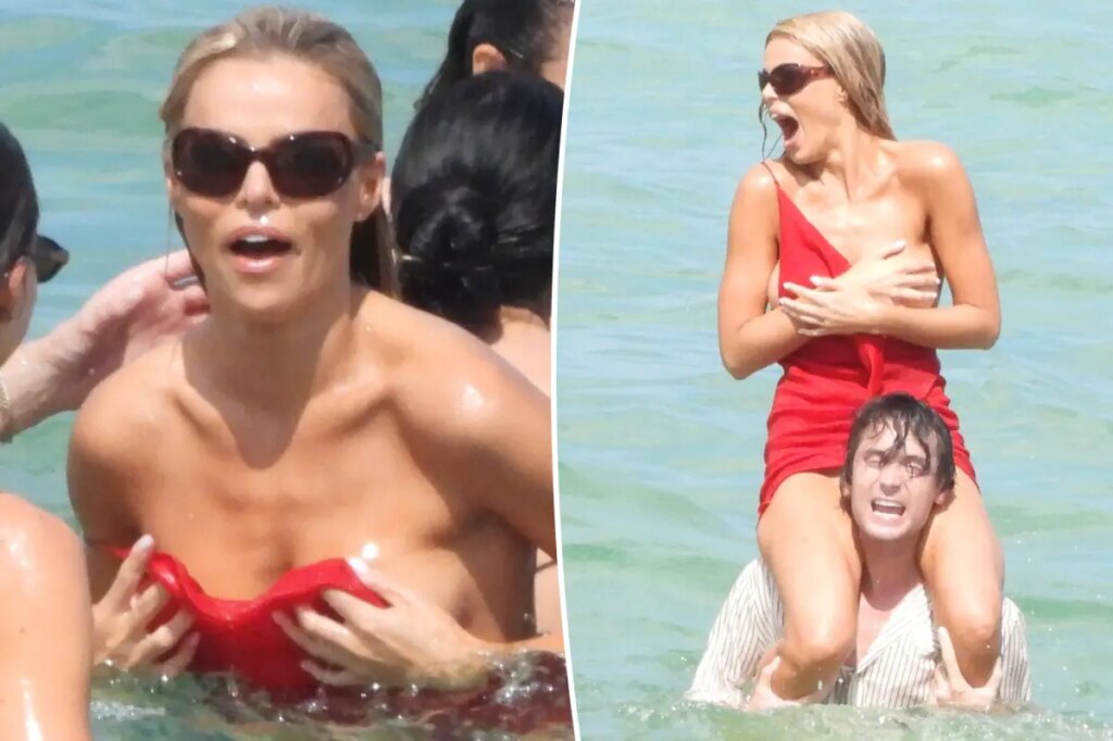 Brooks Nader suffers wardrobe malfunction in the ocean during Miami Swim Week