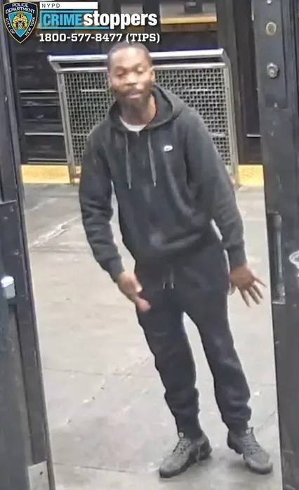 Surveillance footage of an individual sought in connection to an assault on a subway platform.