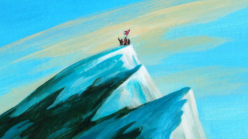 an illustration of sherpas atop Mt. Everest with the Nepalese flag