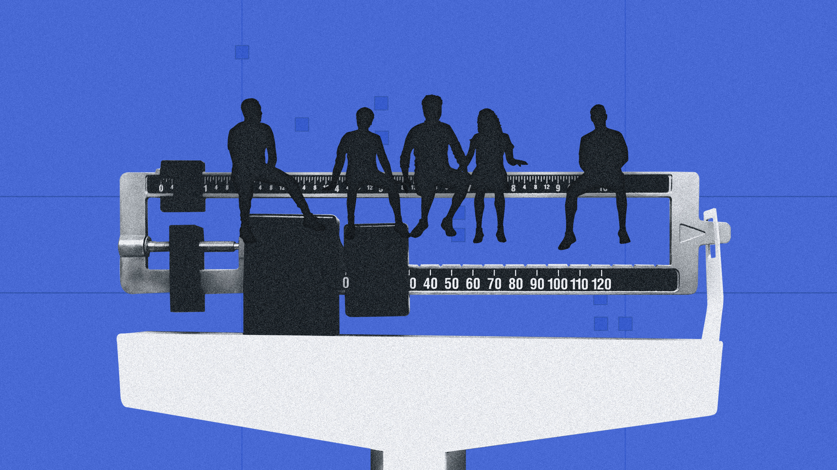 people in silhouette sit atop a medical scale