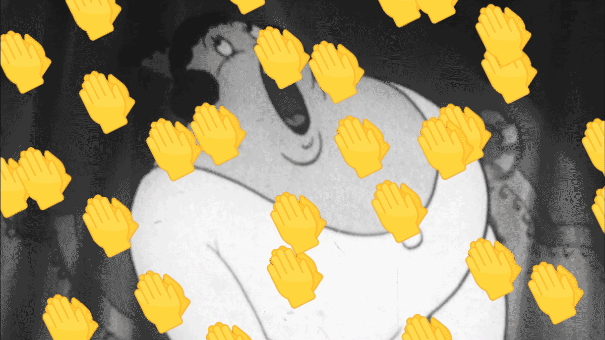 An animation of an opera singer being overlaid with clapping-hand emoji