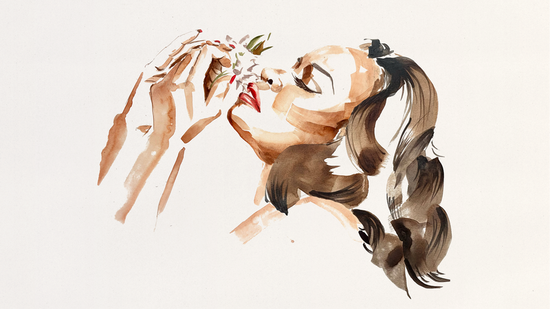 illustration of woman with eyes closed and head tilted upward holding flowers to her nose with both hands