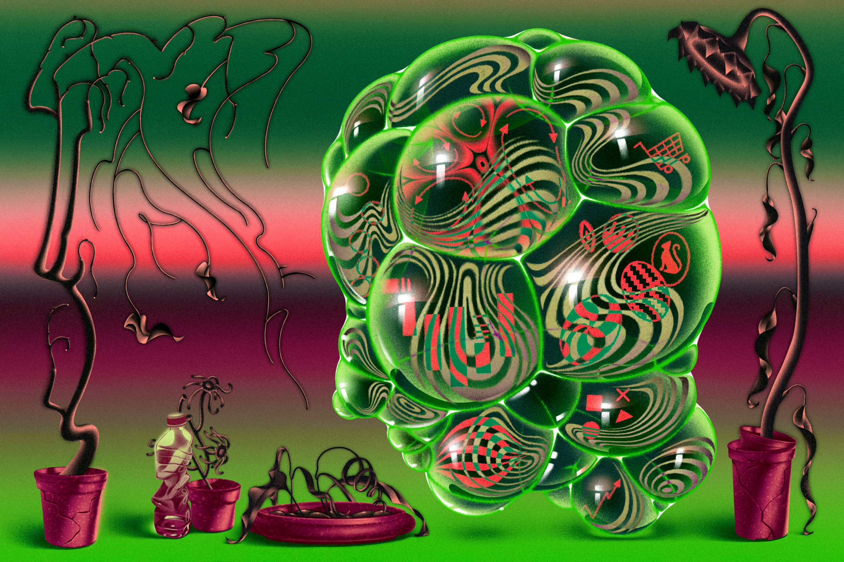 An illustration of a green floating head around dead plants