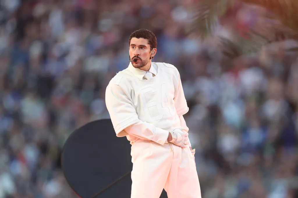 Bad Bunny performing onstage during the Apple Music Super Bowl LX Halftime Show.