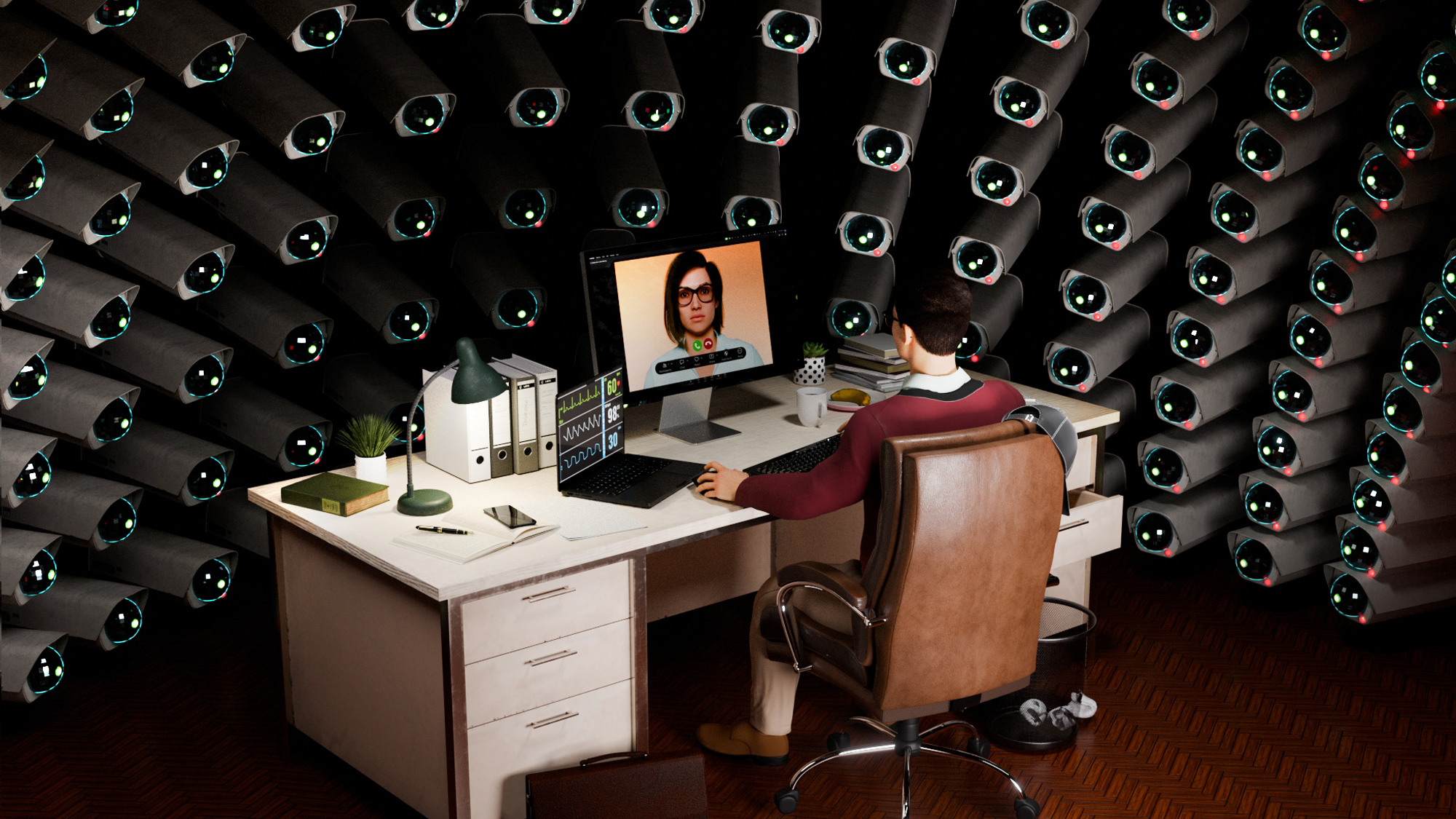 A figure sits at a desk with a computer, and has a gazillion cameras looking straight at him.