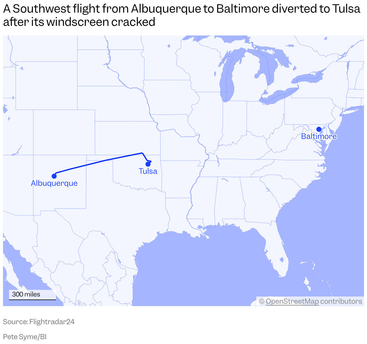 A map of the US shows the flight path of Southwest Flight 2665 on May 11 which departed Albuqerque and diverted to Tulsa, Oklahoma, instead of continuing to Baltimore.