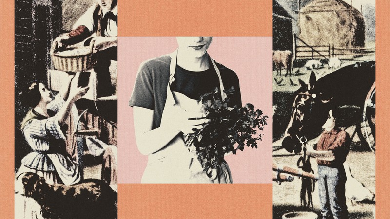 Collage of a contemporary woman in an apron, surrounded by an older image of pioneers with a horse
