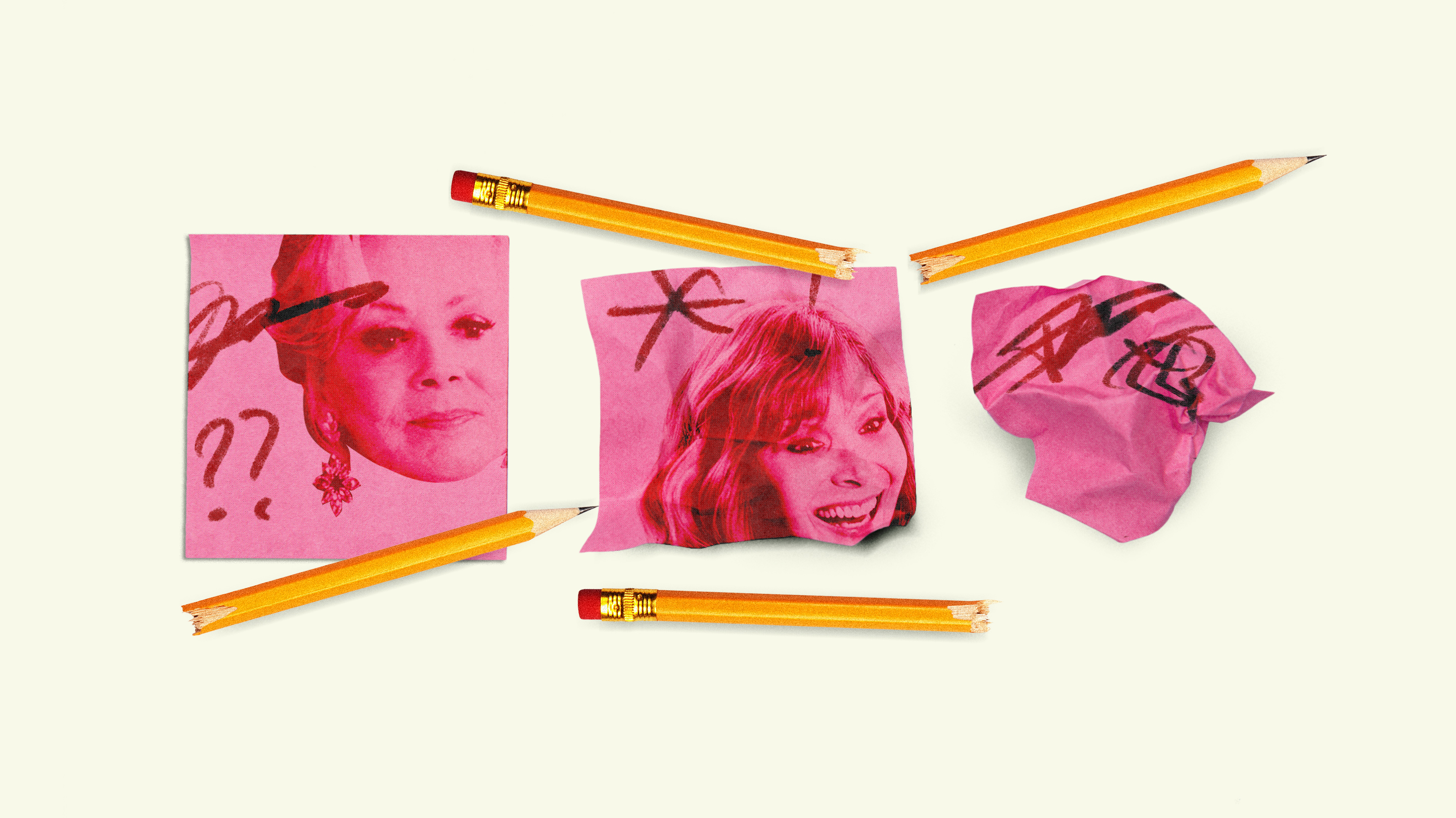 Image of broken pencils and pink Post-it notes with photos of Deborah Vance and Valerie Cherish on them.