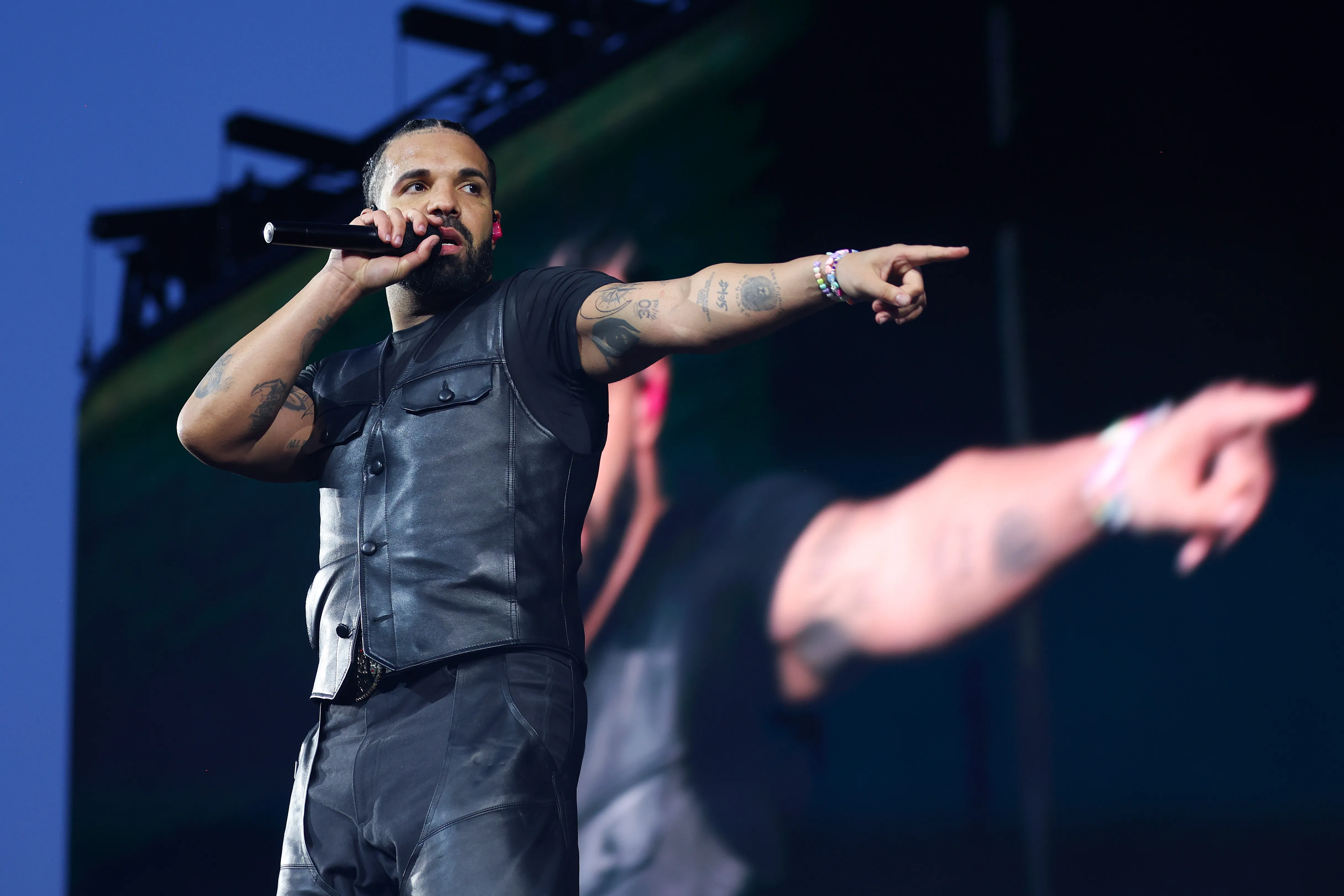 Drake performing on stage at Wireless Festival 2025 in London.