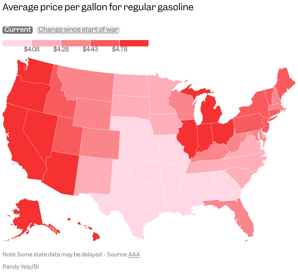 Map showing average price per gallon for regular unleaded gasoline in each state, with the highest prices along the West Coast and lowest prices in the South.