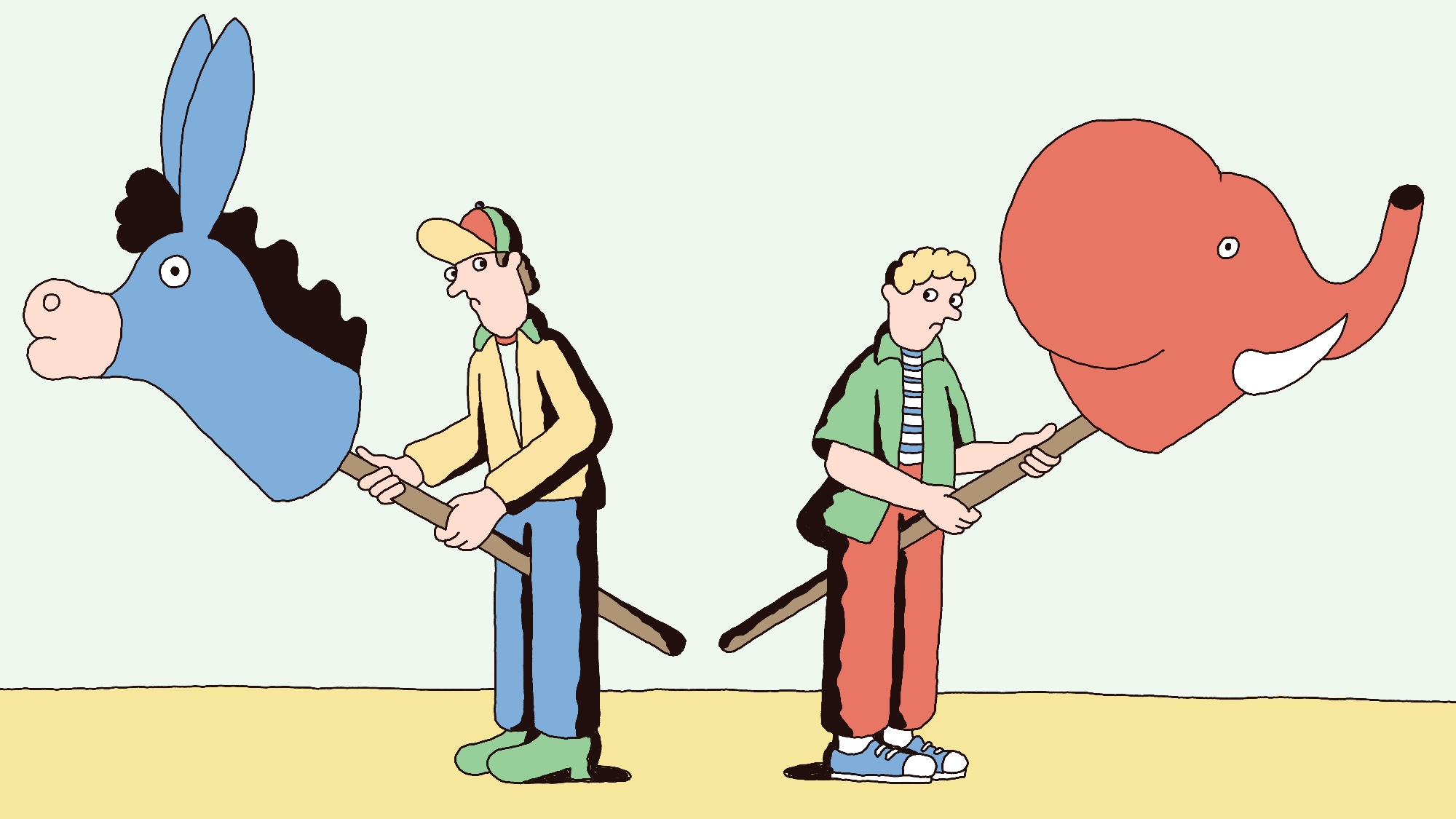 two GenZ-ers with their backs to each other holding a stick with a donkey and elephant head