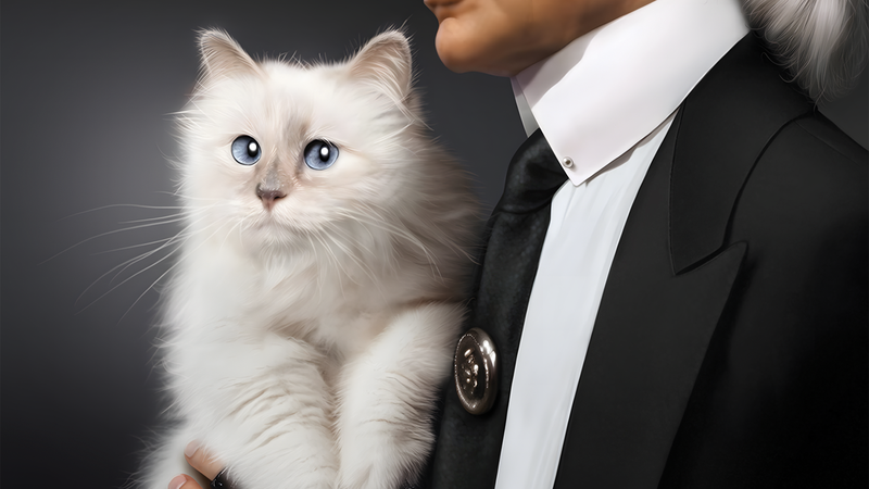 Detail from illustration of man in high-collared white shirt and black tie holding a fluffy white cat with blue eyes.