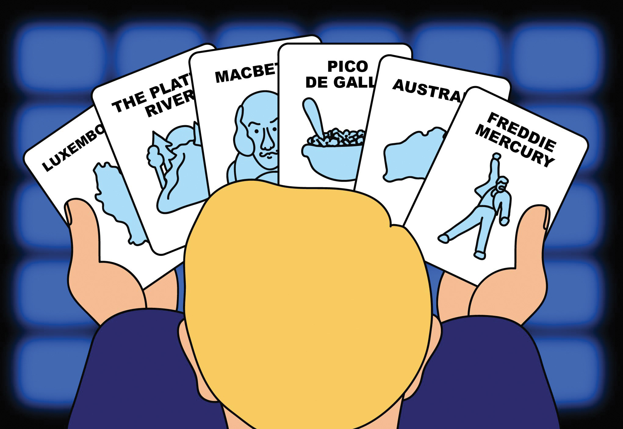 illustration with back of blond head looking at fanned-out flash cards that say LUXEMBOURG, THE PLATTE RIVER, MACBETH, PICO DE GALLO, AUSTRALIA, and FREDDIE MERCURY