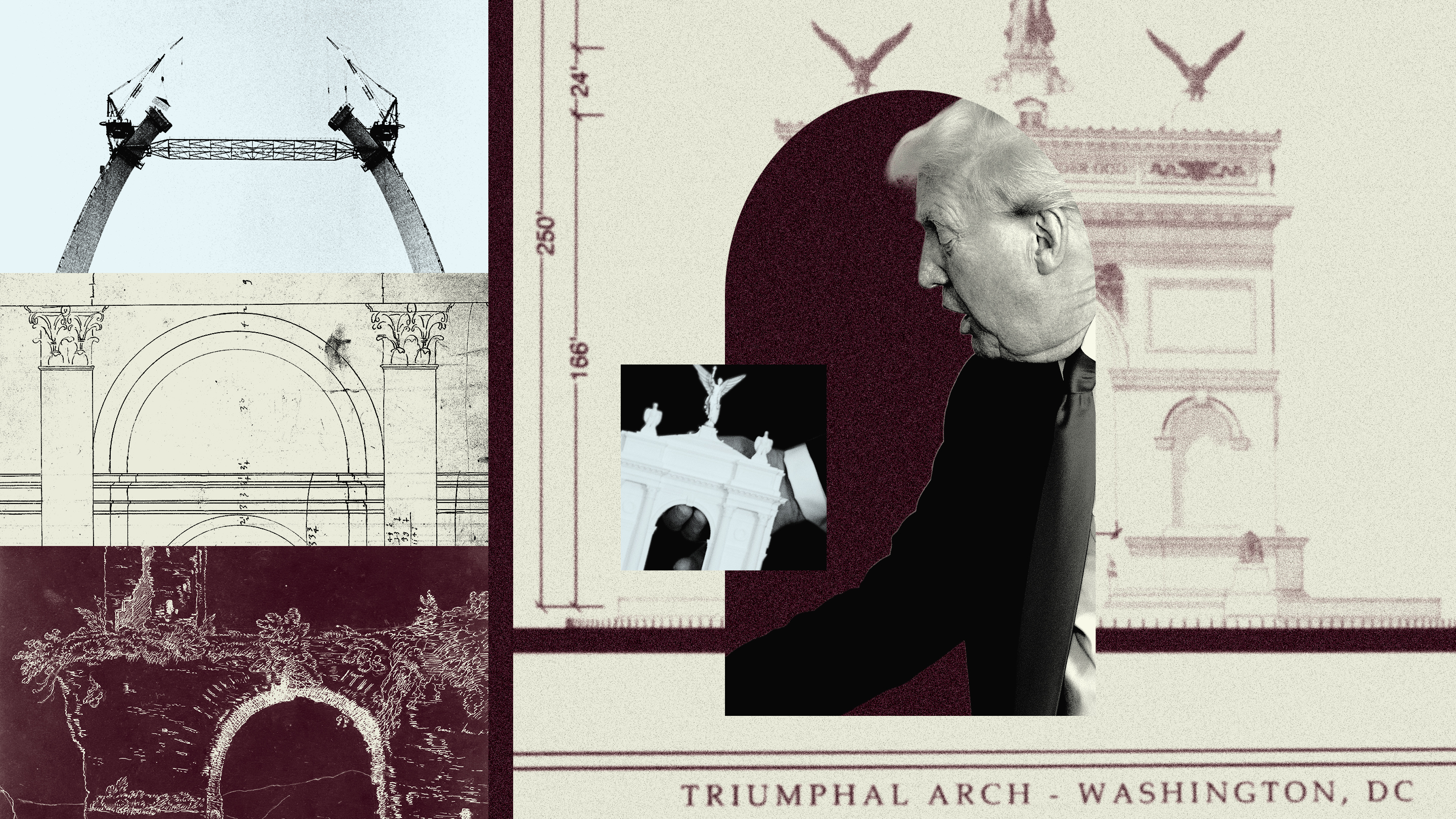 A collage of Trump and a group of famous arches