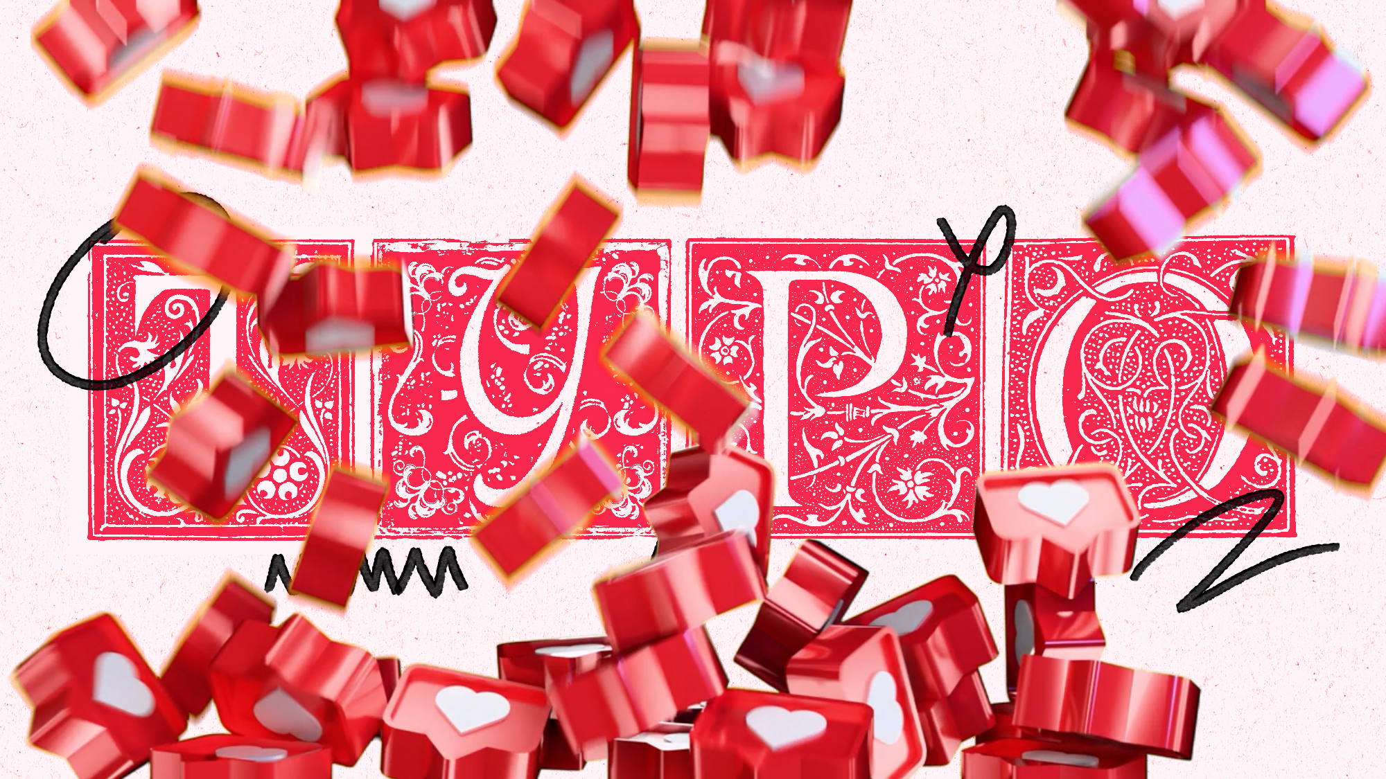 the word 'TYPO' spelled out in classical engraving style drop-caps, the frame inundated with 'likes' and 'hearts'