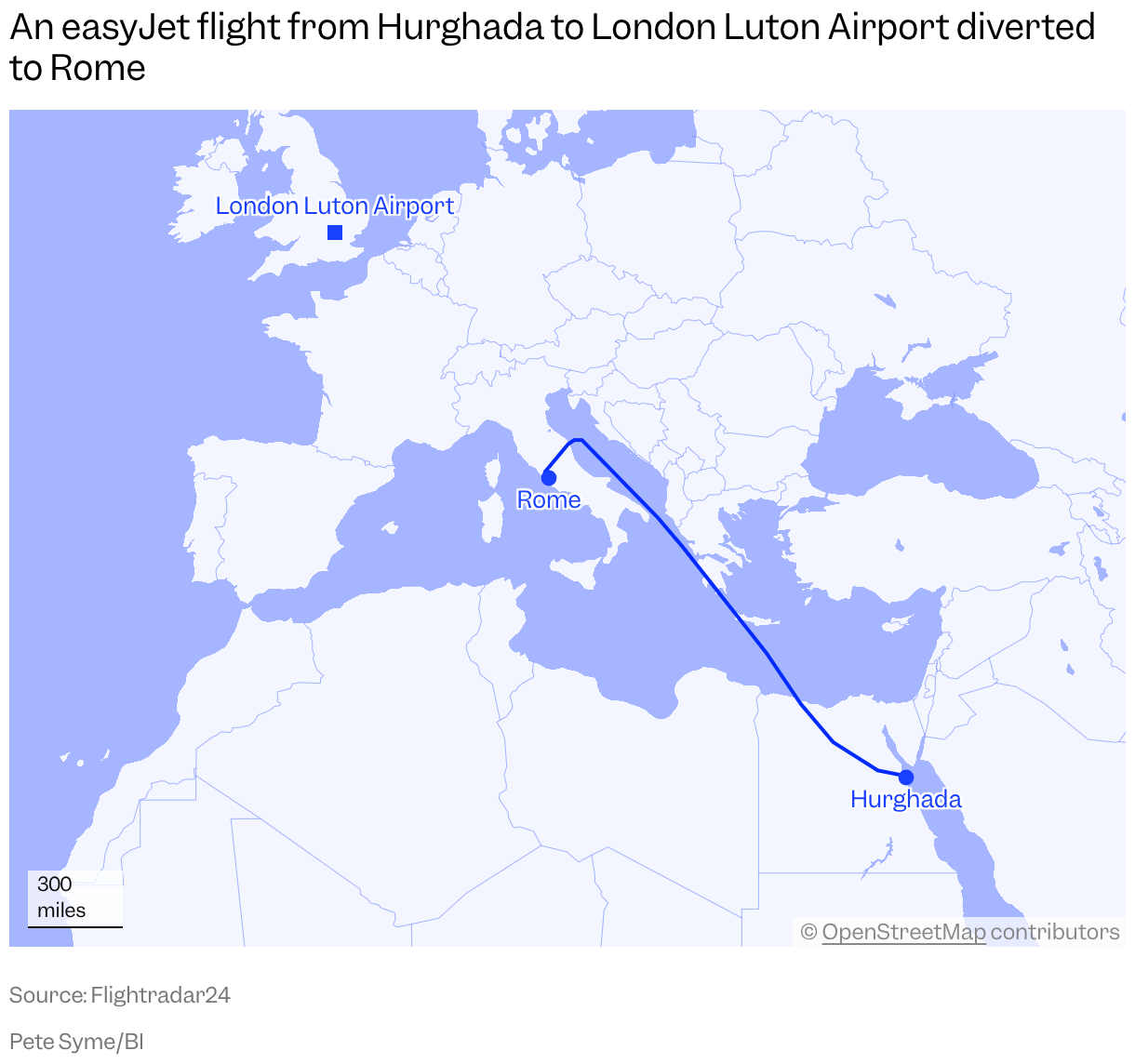 A map of Europe and Africa shows the flight path of EasyJet flight 2618 from Hurghada to London Luton, which diverted to Rome.