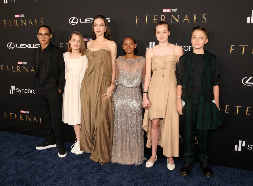 Maddox Jolie-Pitt, Vivienne Jolie-Pitt, Angelina Jolie, Zahara Jolie Pitt, Shiloh Jolie-Pitt, and Knox Jolie Pitt at the premiere of Marvel Studios' Eternals.