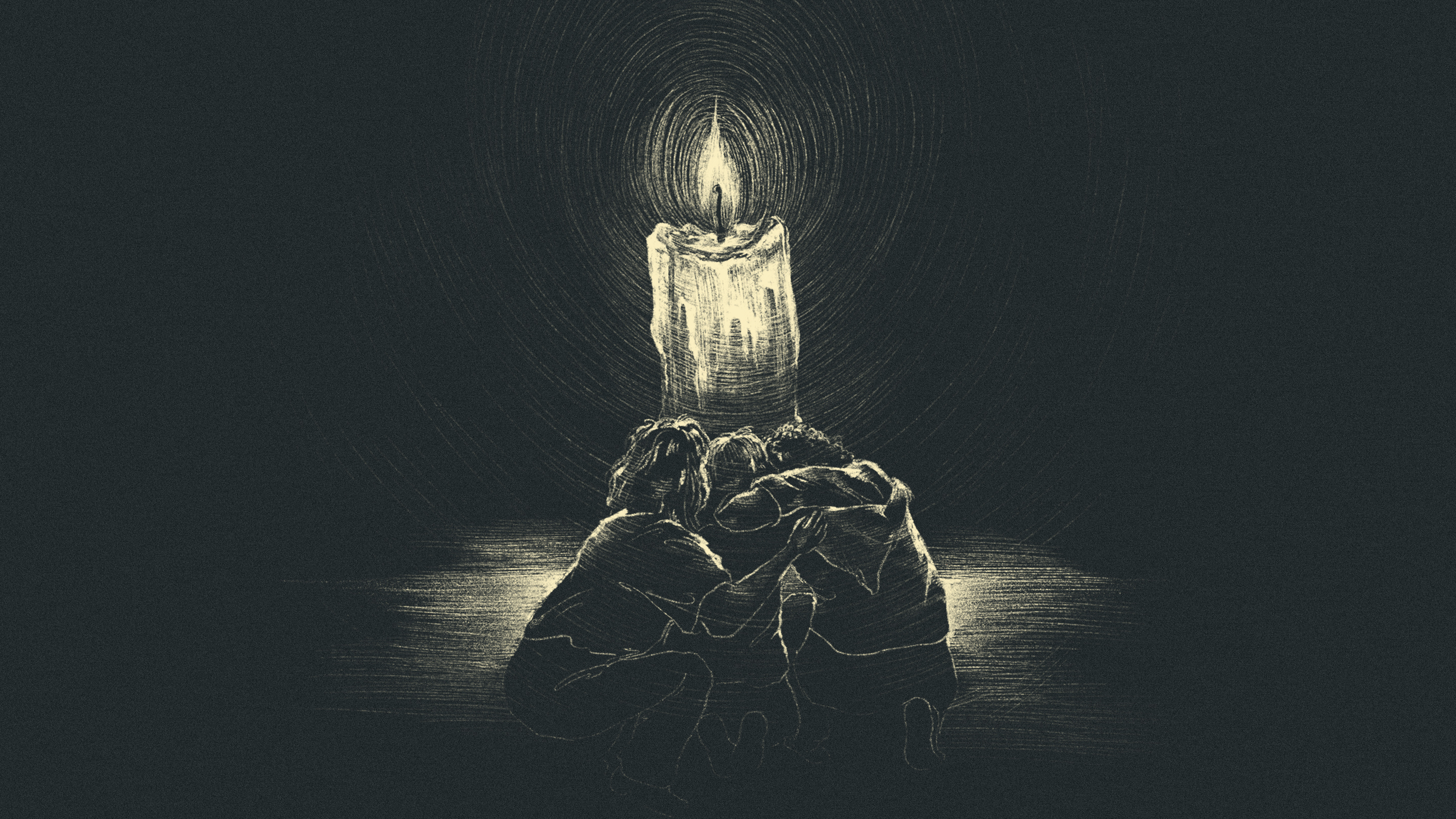 An illustration of people gathered near a candle with their arms around one another