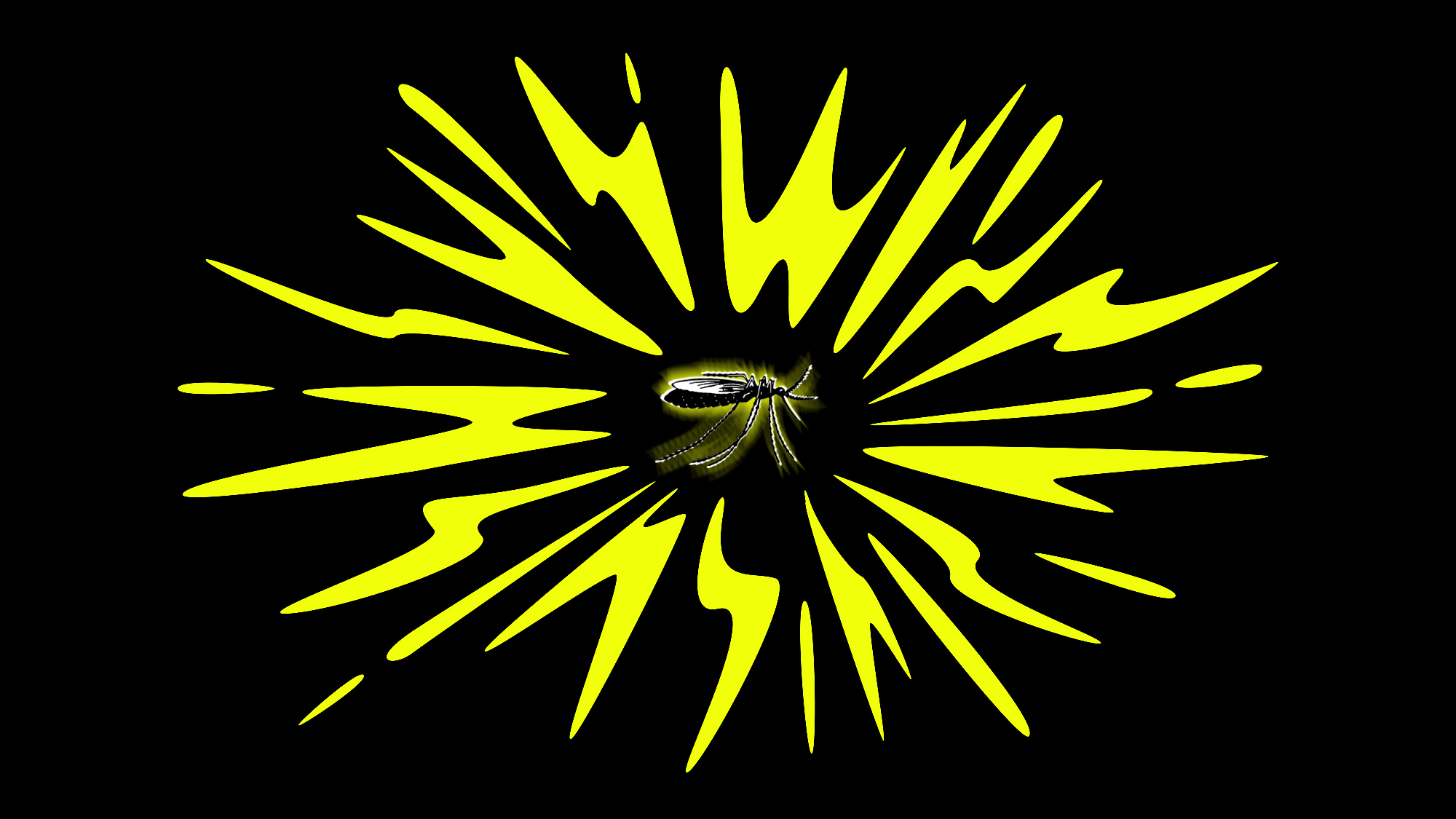Illustration of a mosquito on a black background, surrounded by yellow squiggles