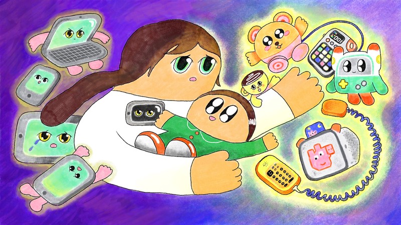 An illustration of a woman holding a baby, ignoring screens and going to screen-free tooys