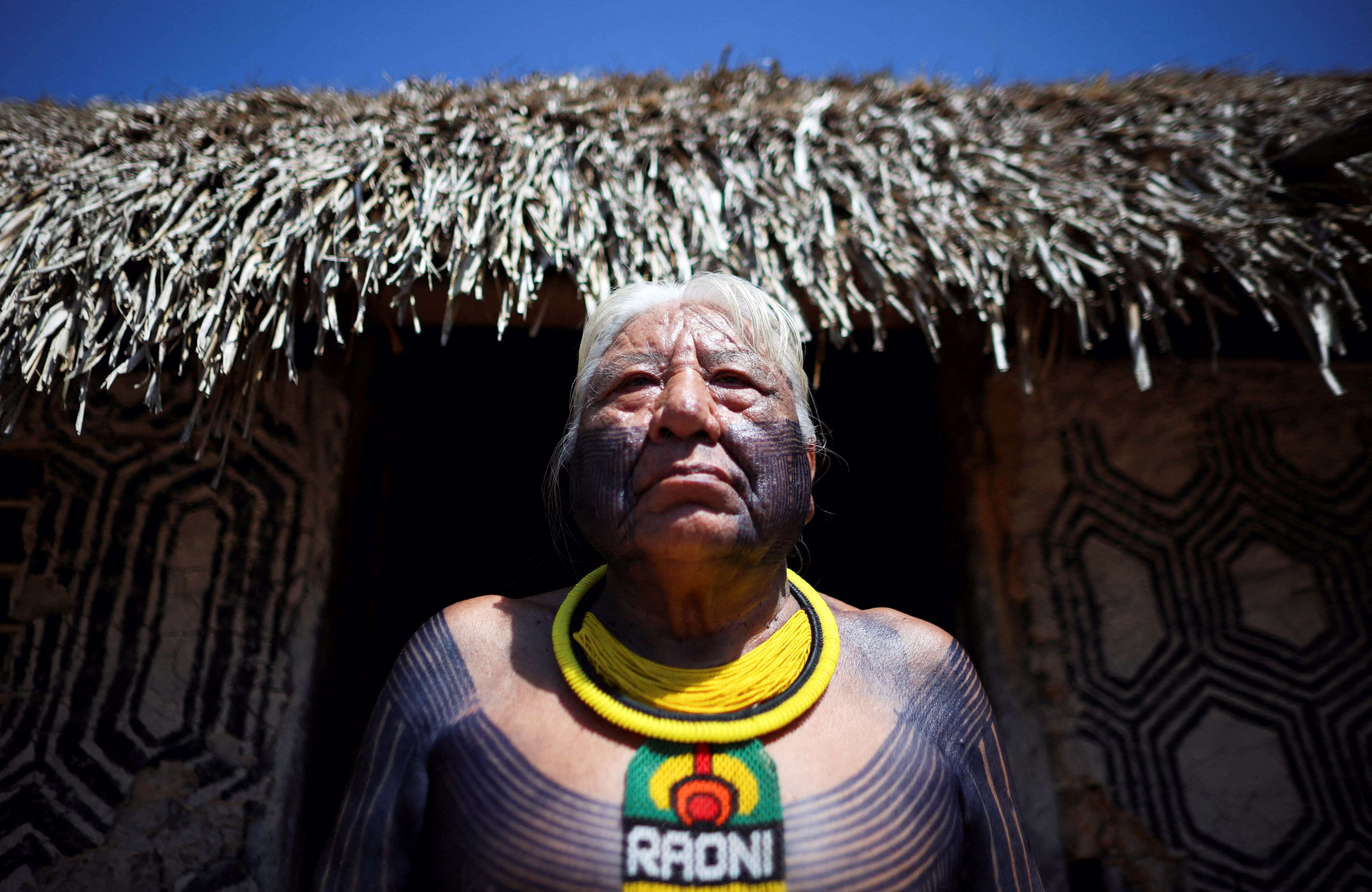 An indigenous man in Brazil poses in front of a building with a thatched roof. 