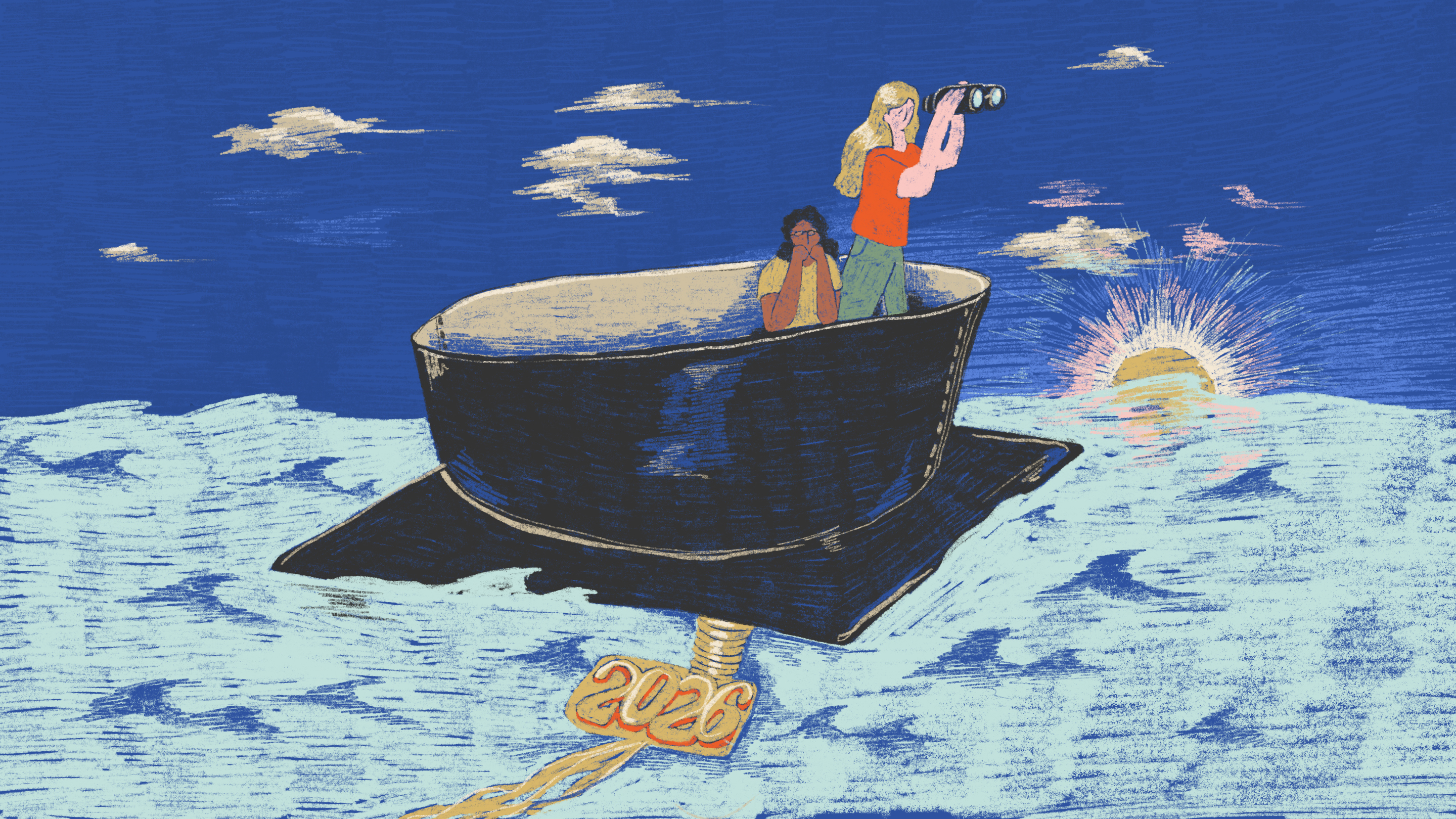 Illustration of two women sailing in a graduation cap; one is sitting, and one is standing, looking out with binoculars.