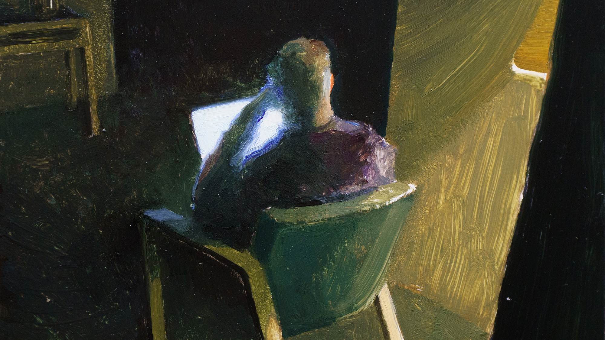 Illustration of a man in a dark room looking at a laptop screen with his head in his hands