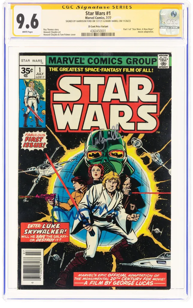 Illustration of a CGC graded Star Wars #1 comic book featuring Luke Skywalker, Obi-Wan Kenobi, and Princess Leia.