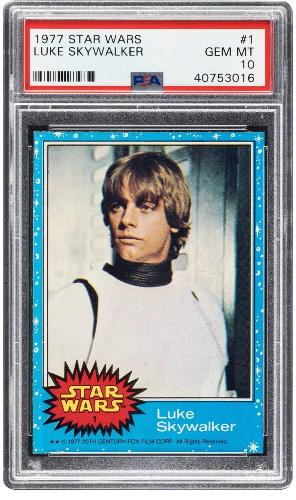 A 1977 Topps Star Wars bubblegum card featuring Luke Skywalker, graded PSA Gem Mint 10, is displayed in a protective case.