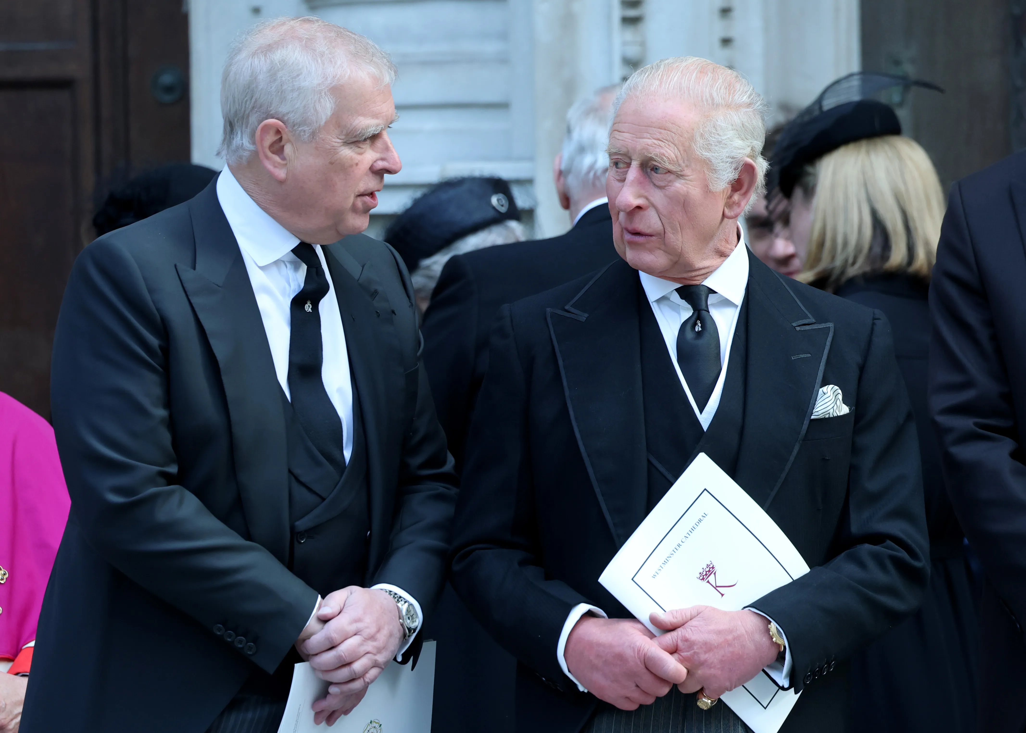 Prince Andrew and King Charles III attend the Duchess of Kent's funeral at Westminster Cathedral.