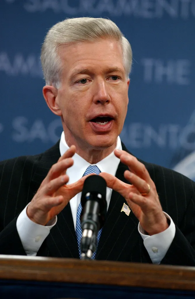 California Governor Gray Davis speaking at a press conference about the state budget crisis.