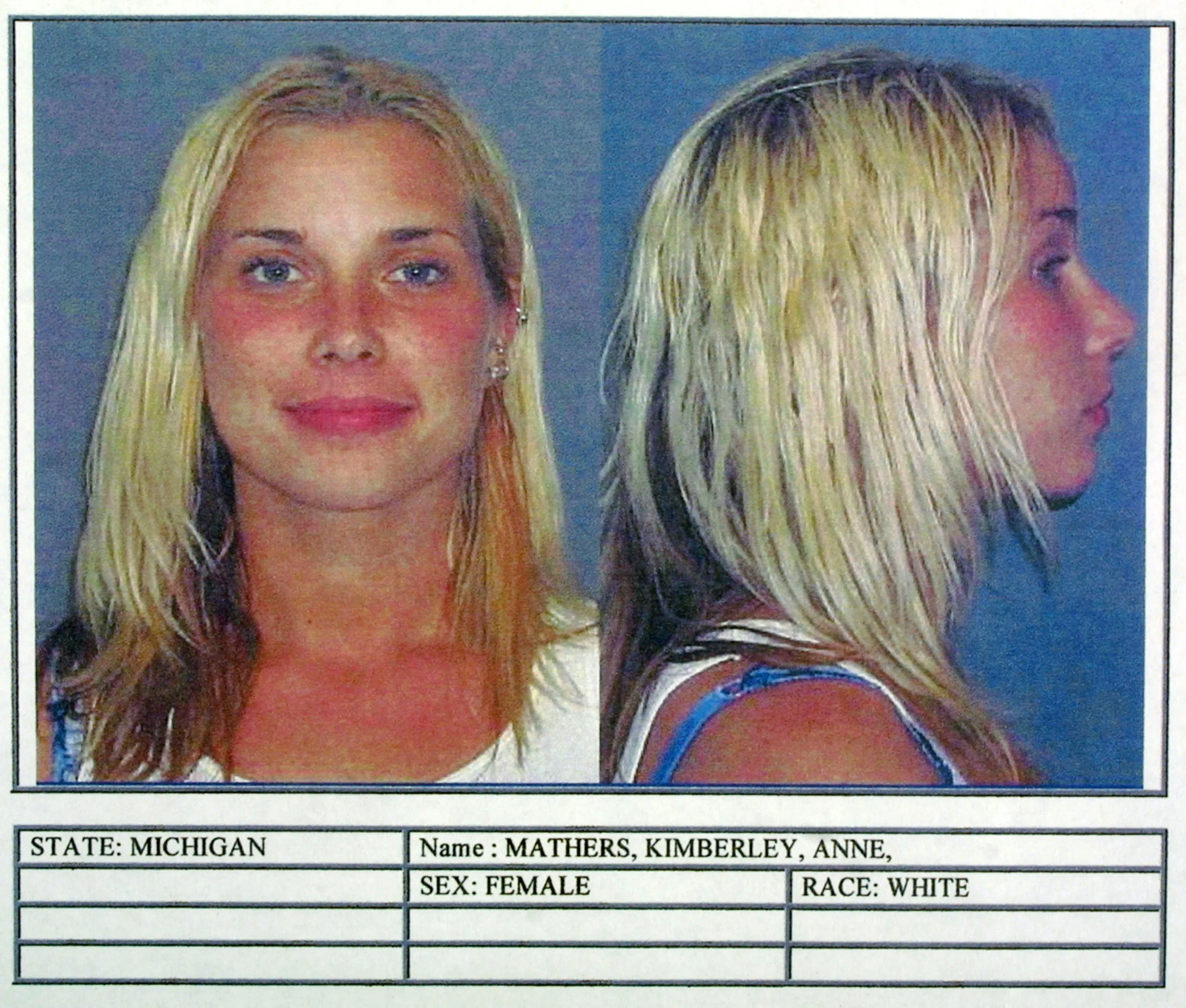 Kimberly Anne Mathers' police mug shot from Michigan, showing a frontal and profile view.