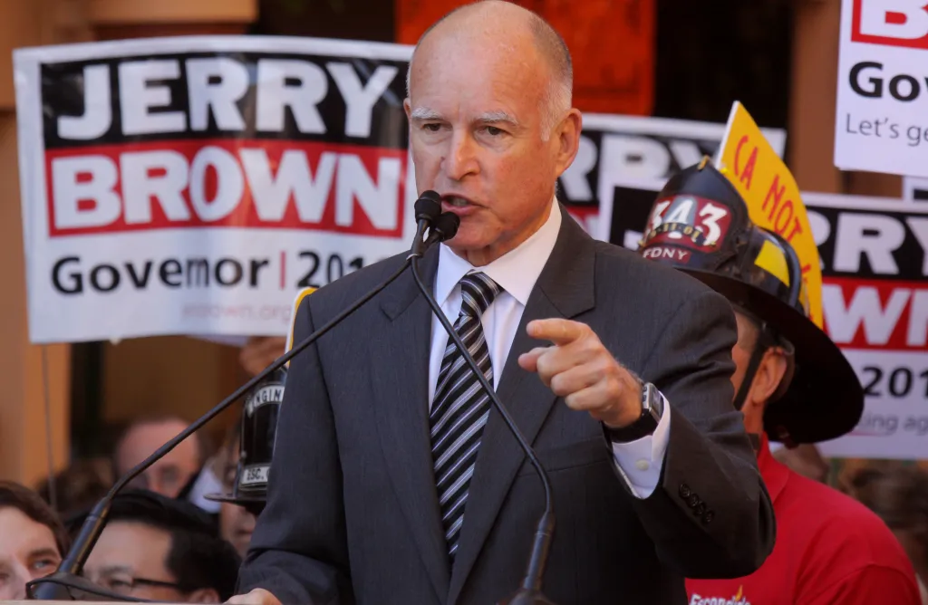 Jerry Brown speaking at a campaign rally for California Governor.