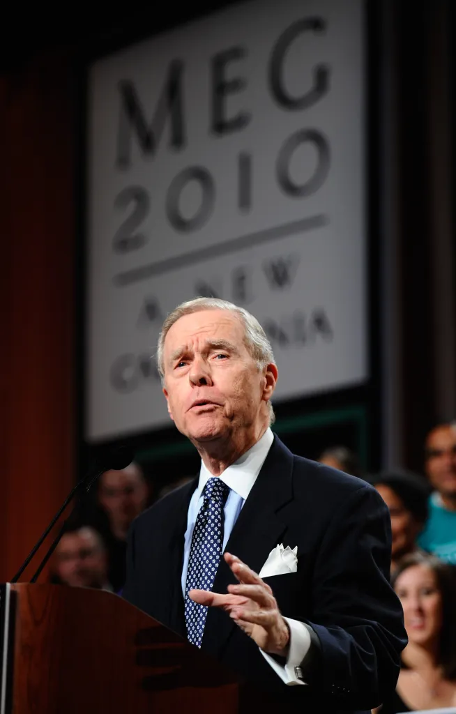 Former California Governor Pete Wilson speaks at a campaign event for Meg Whitman in Universal City, California.