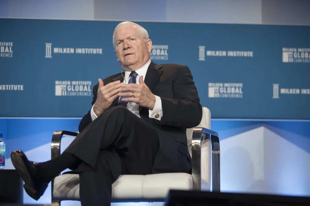 Robert Gates speaking at the Milken Institute Global Conference.
