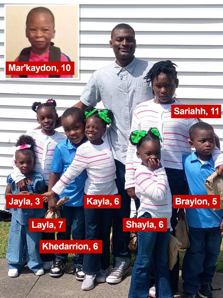 Collage of Shamar Elkins with seven children and a tribute photo of Mar'kaydon.