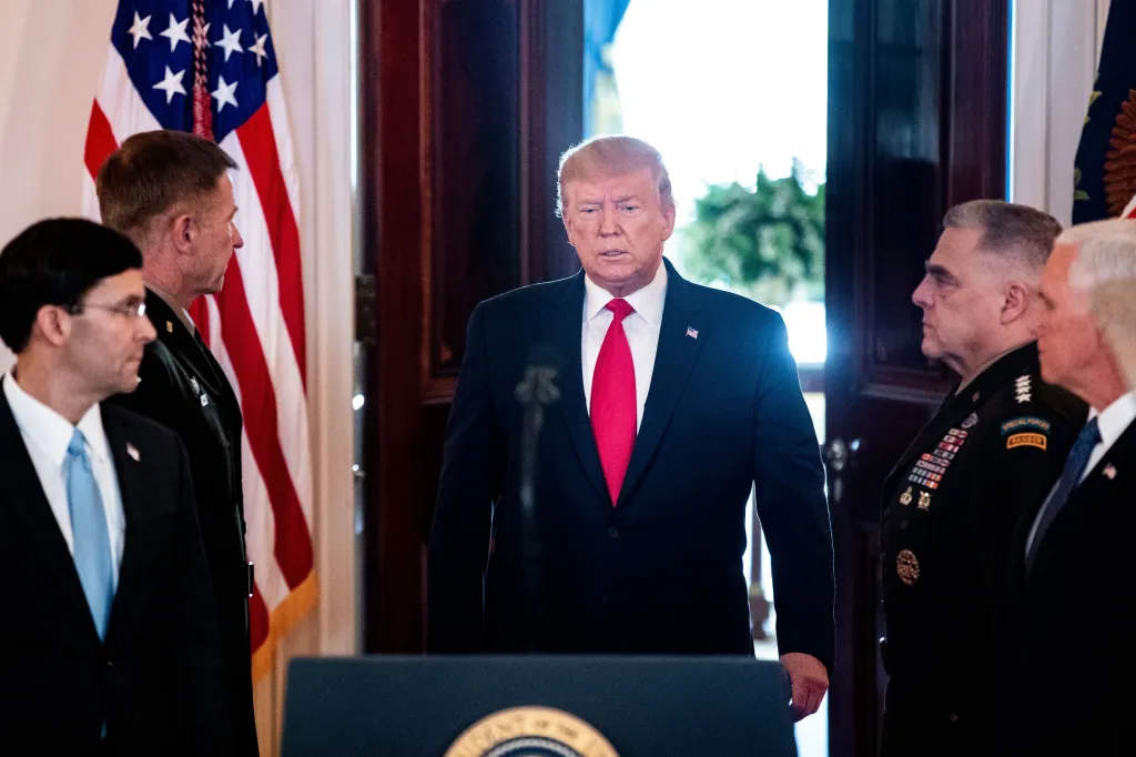 President Trump delivering a statement on Iran at the White House with Vice President Mike Pence and Secretary of Defense Mark Esper.