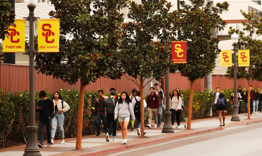 Students walking on the University of Southern California campus.