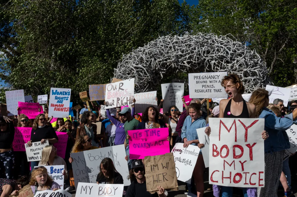 Abortion rights protesters gather after a Supreme Court ruling on Dobbs v Jackson Women's Health in Jackson Hole, Wyoming, on June 24, 2022.
