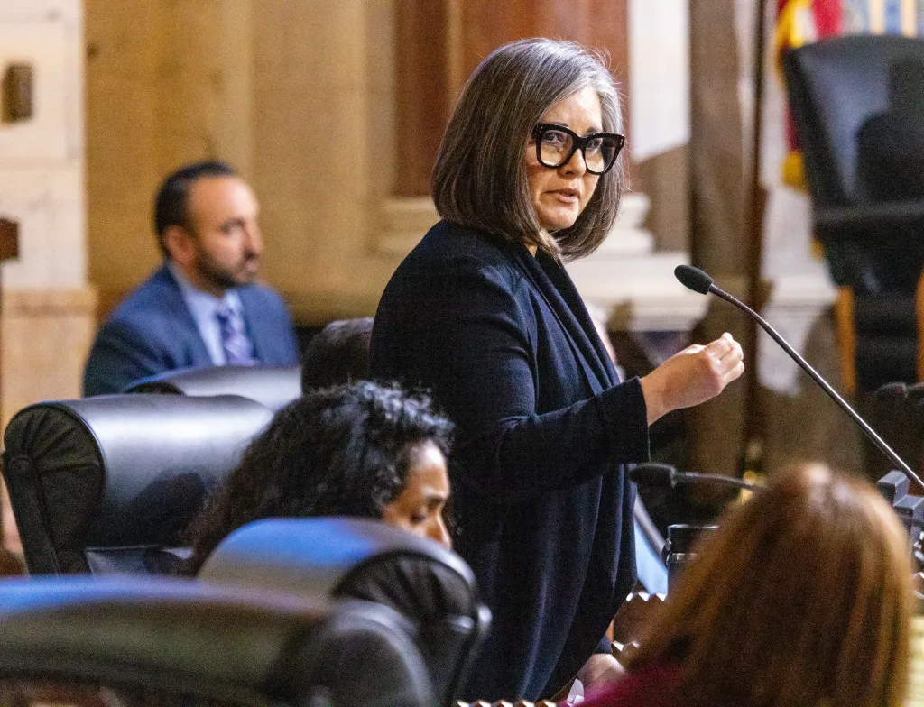 Los Angeles City Councilwoman Monica Rodriguez speaks at City Hall.